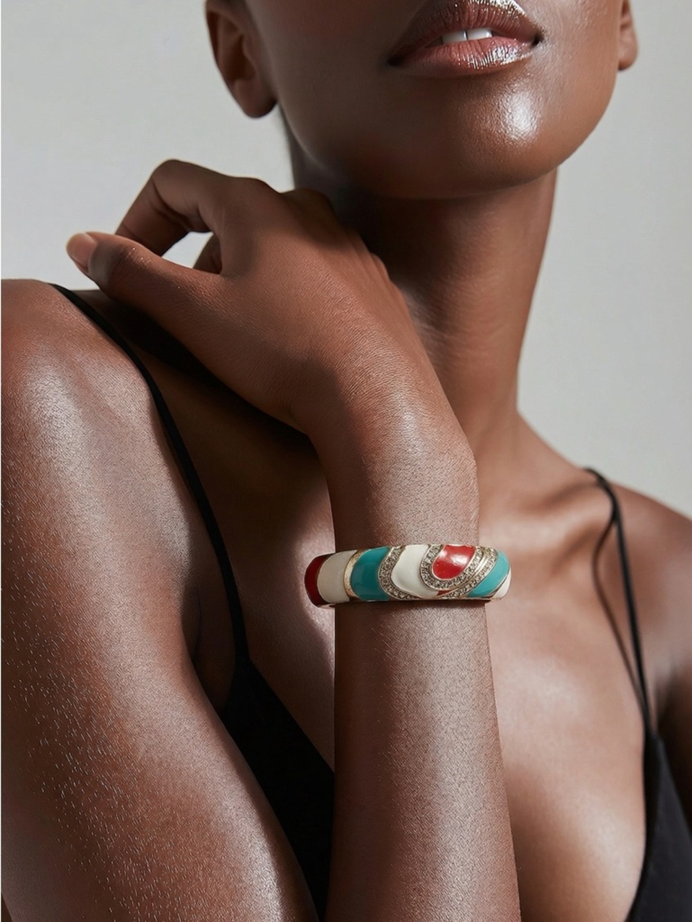 Jiu Long Xing Enamel Hinged Cuff Bracelet Turquoise Red White